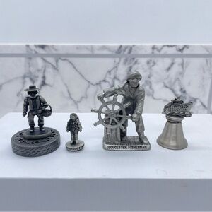 4 Pewter Figurines Souvenirs Amish Astronaut Fisherman Boat